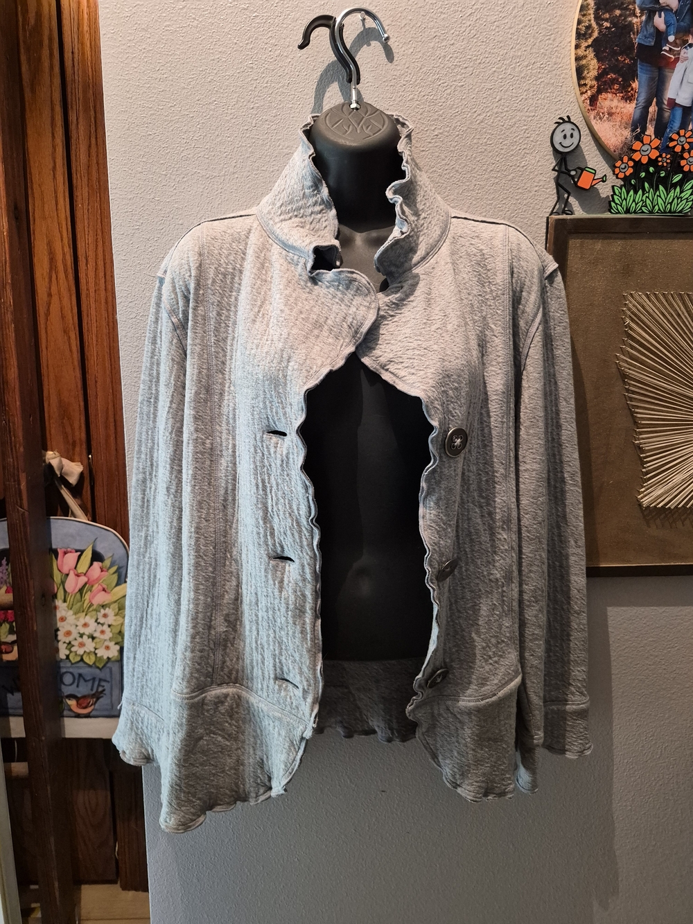 Neon Buddha Light Gray Ribbed Women's Ruffle-Edge Button Front Jacket